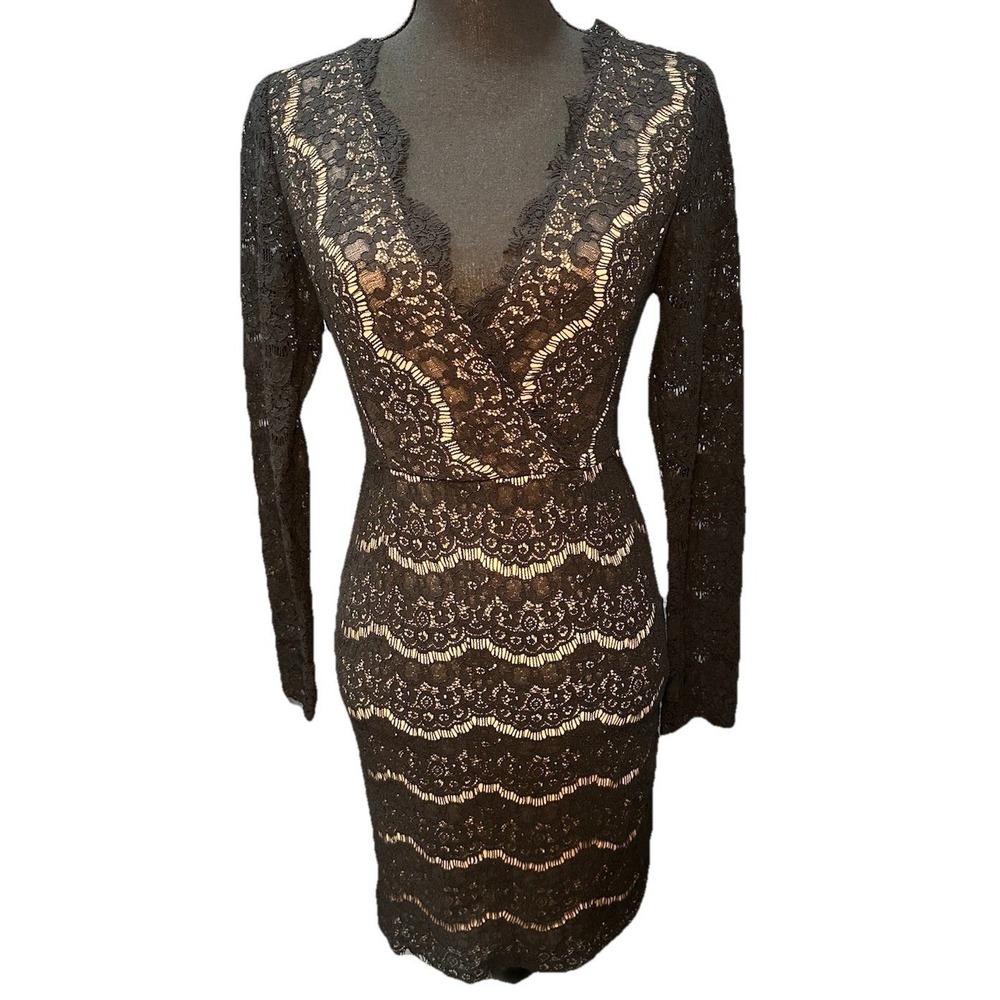 Francesca's Dress Black Lace Nude Color Lining Small Open Back Long Sleeves NWT